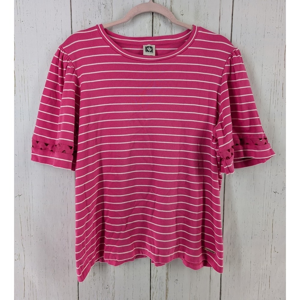 Anne Klein Size XL Womens Pink White Striped Short Sleeve Blouse